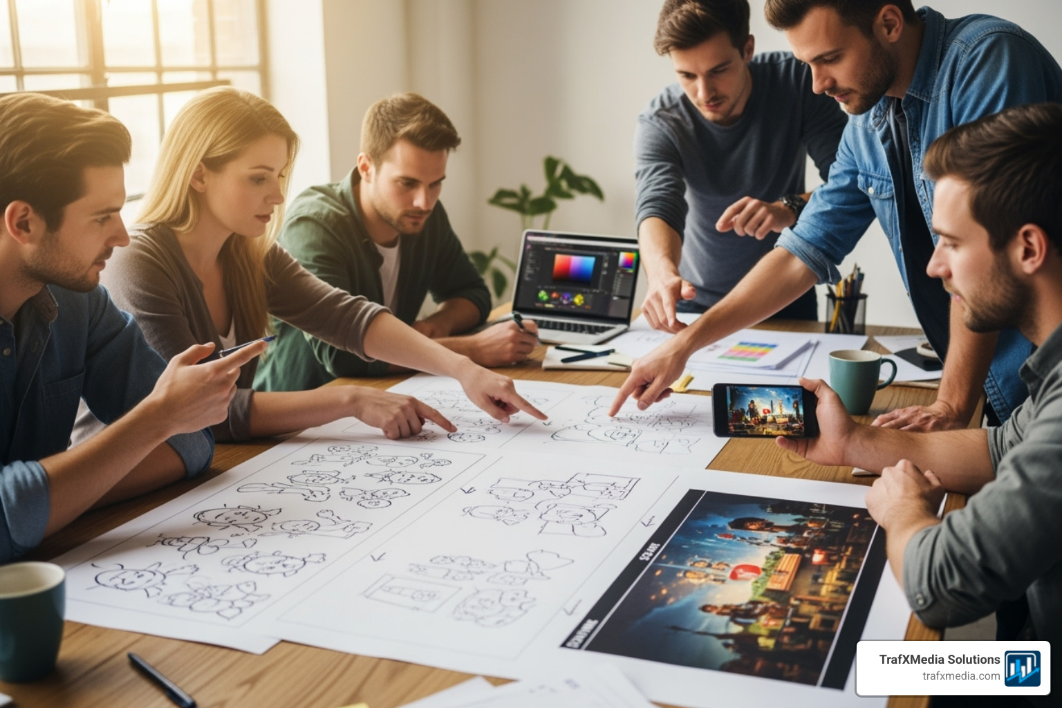 A creative storyboard for a video ad, showing the process from concept sketch to a final shot on a smartphone screen, with Caucasian people in the creative team - Facebook video ads agency