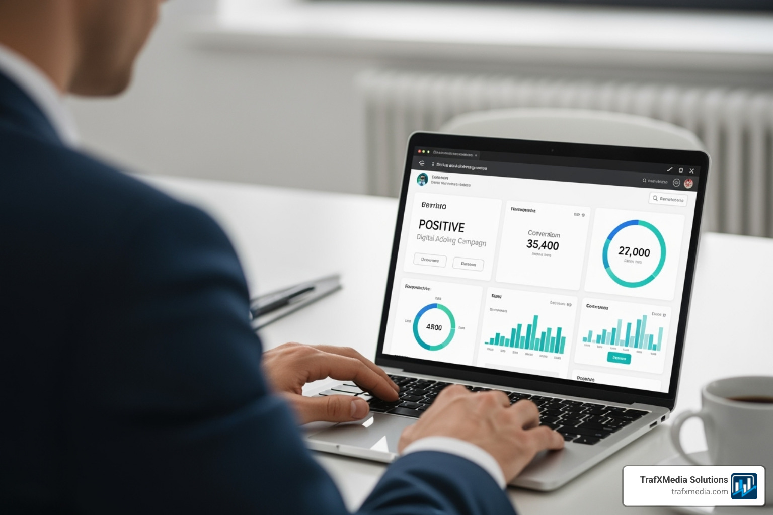 A clean, modern dashboard on a laptop screen showing positive ROI and conversion metrics from a Facebook ad campaign, with a Caucasian business person reviewing it - Facebook video ads agency