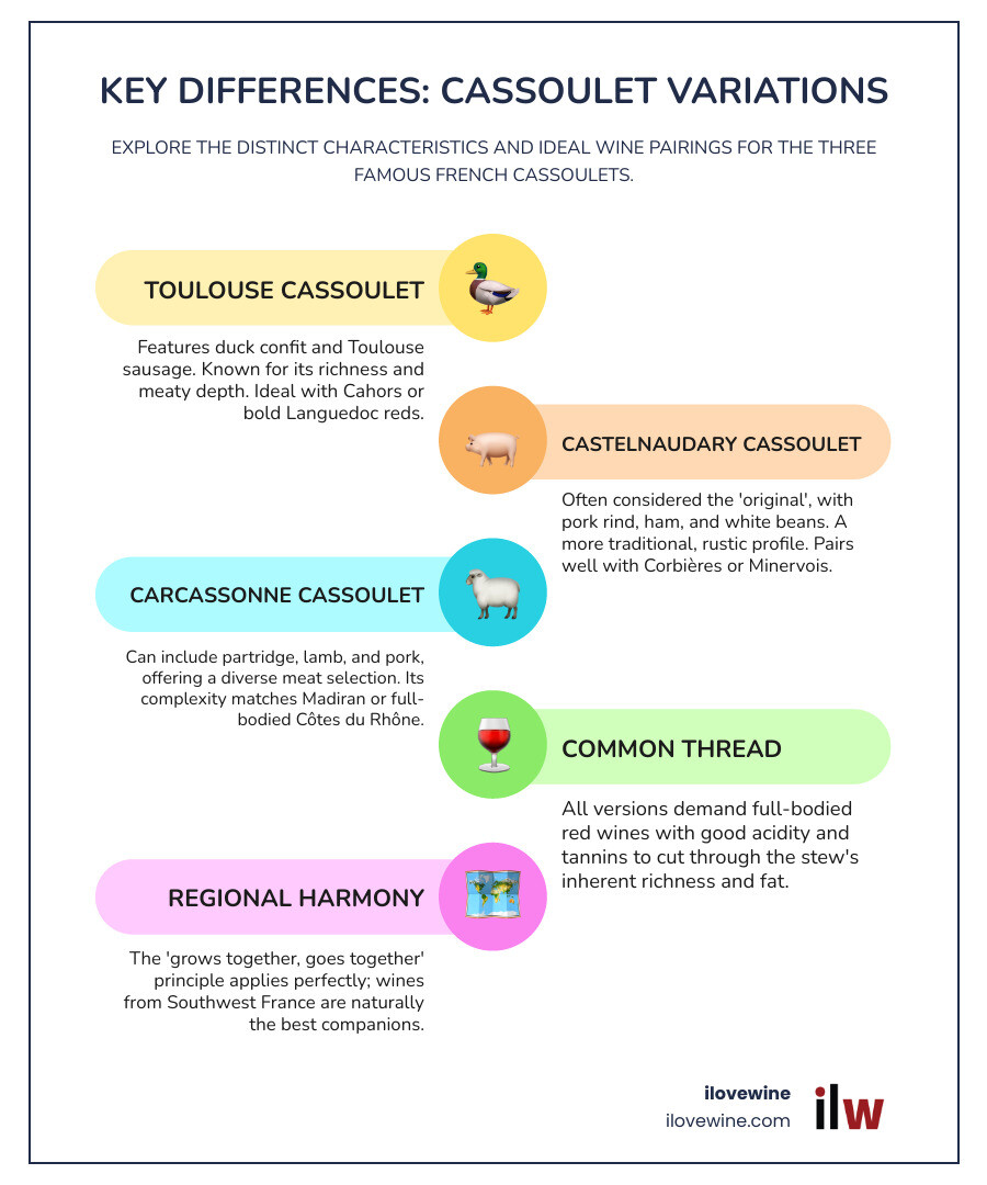 Infographic showing the key differences between Toulouse cassoulet with duck confit and Toulouse sausage, Castelnaudary cassoulet with pork and beans, and Carcassonne cassoulet featuring partridge and lamb, along with their ideal wine pairings from Southwest France - wine pairing with cassoulet infographic infographic-line-5-steps-colors Infographic showing the key differences between Toulouse cassoulet with duck confit and Toulouse sausage, Castelnaudary cassoulet with pork and beans, and Carcassonne cassoulet featuring partridge and lamb, along with their ideal wine pairings from Southwest France - wine pairing with cassoulet infographic infographic-line-5-steps-colors