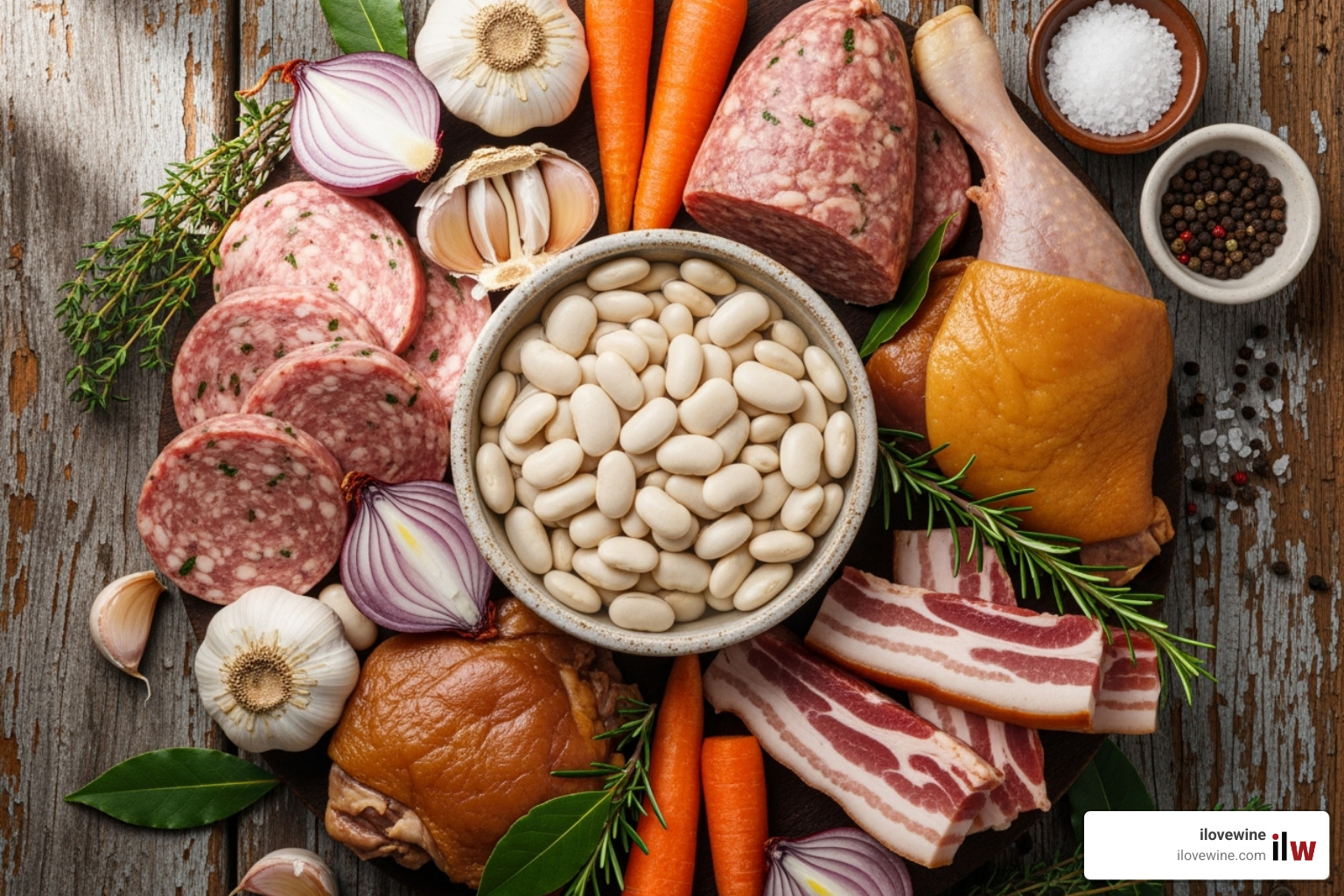 Various cassoulet ingredients like different meats, beans, and vegetables - wine pairing with cassoulet Various cassoulet ingredients like different meats, beans, and vegetables - wine pairing with cassoulet