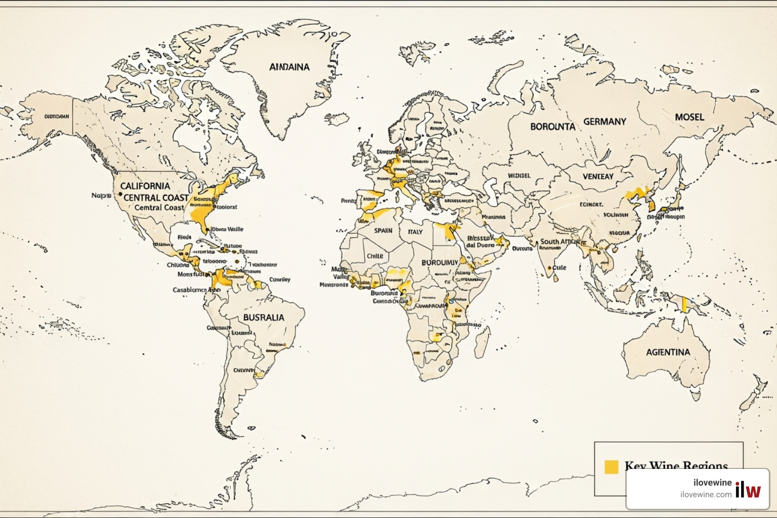 World map with wine regions like California, Spain, and Italy highlighted - wine pairing with cassoulet World map with wine regions like California, Spain, and Italy highlighted - wine pairing with cassoulet