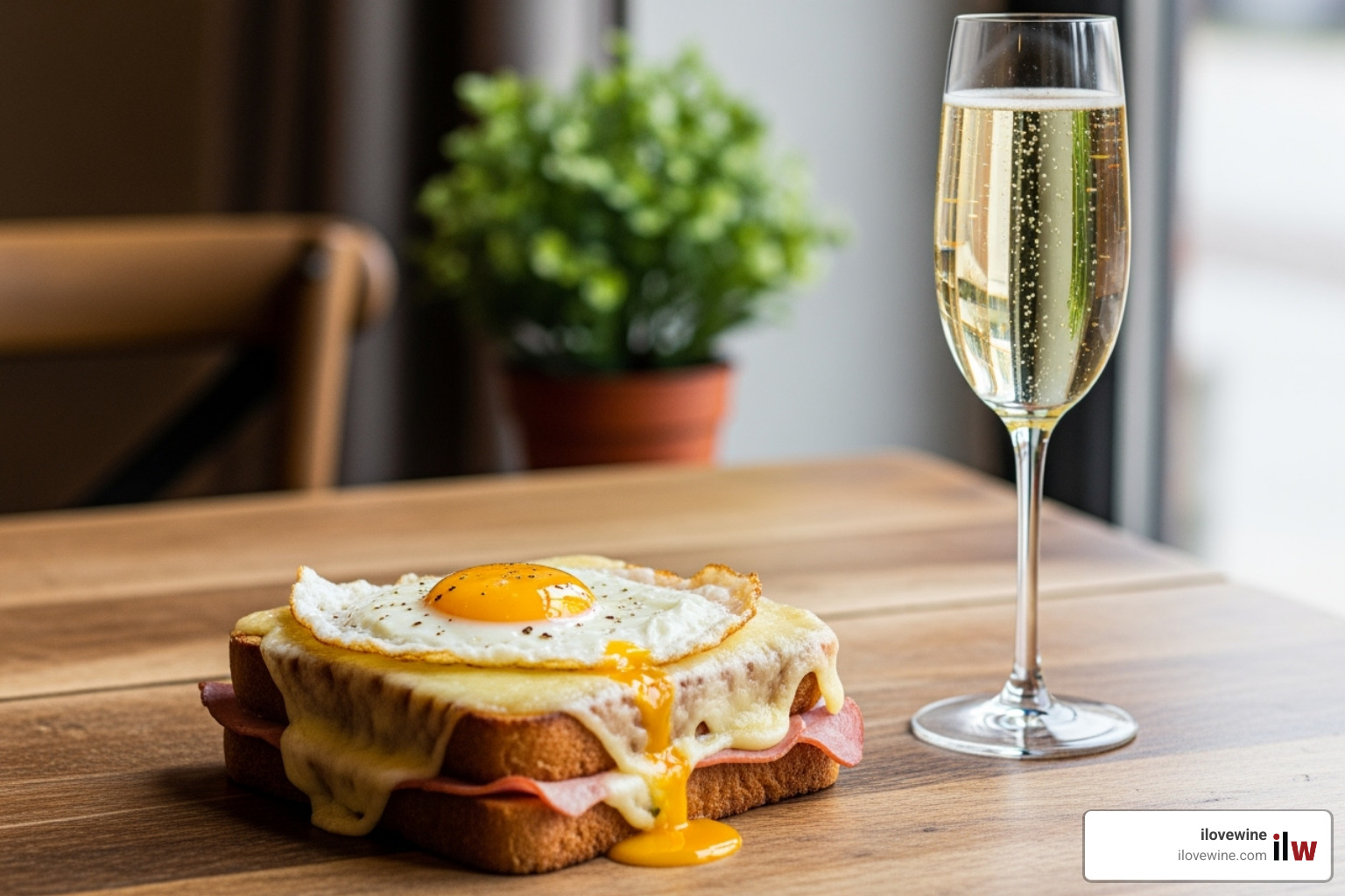 Croque Madame with a runny egg yolk next to a glass of sparkling wine - croque monsieur wine pairing Croque Madame with a runny egg yolk next to a glass of sparkling wine - croque monsieur wine pairing