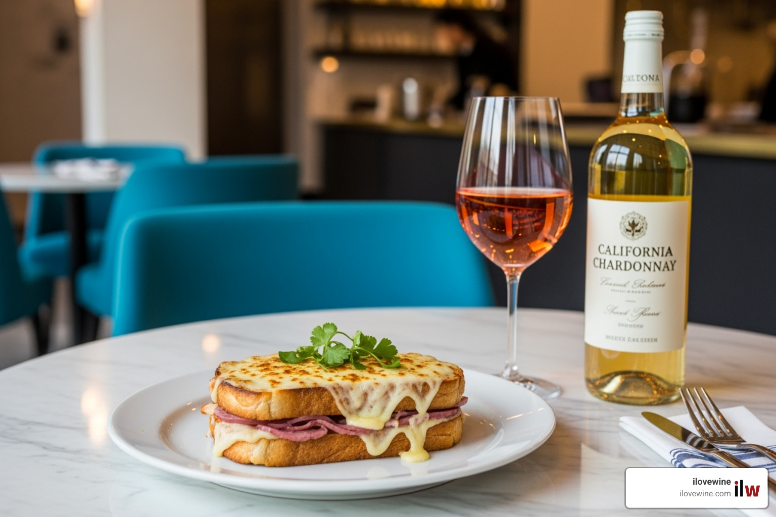 modern brunch setting with Croque Monsieur and glasses of rosé and California Chardonnay - croque monsieur wine pairing modern brunch setting with Croque Monsieur and glasses of rosé and California Chardonnay - croque monsieur wine pairing