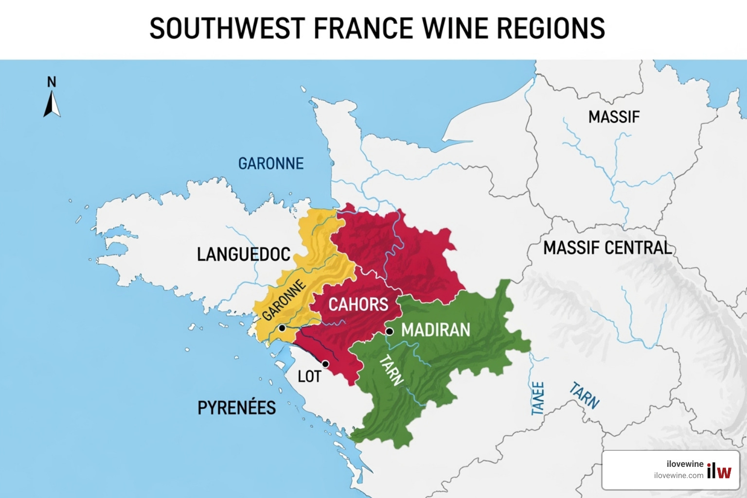 Map highlighting the wine regions of Southwest France like Languedoc, Cahors, and Madiran - wine pairing with cassoulet Map highlighting the wine regions of Southwest France like Languedoc, Cahors, and Madiran - wine pairing with cassoulet