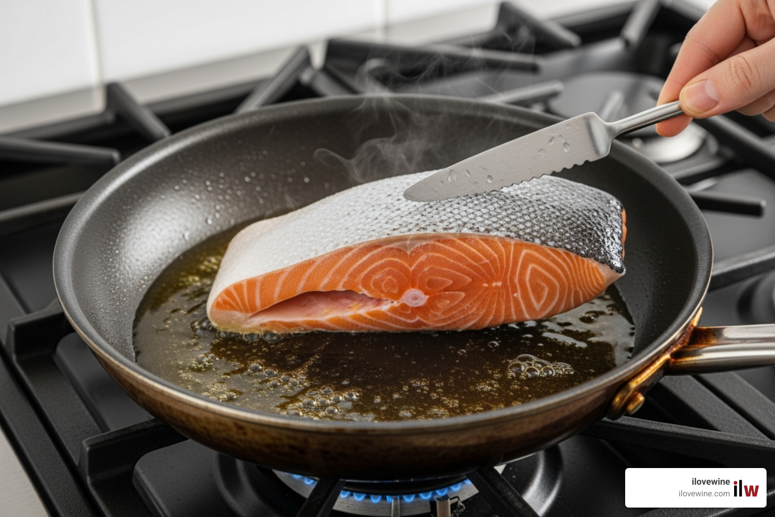 salmon being placed skin-down into a hot, shimmering pan - how do you get crispy skin on salmon