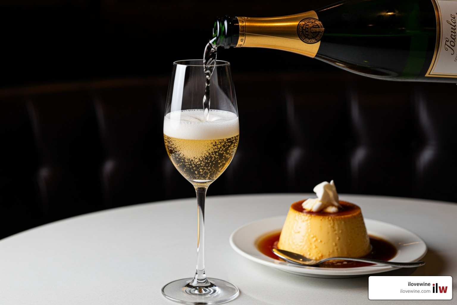 Glass of Champagne being poured next to a Crème Brûlée - wine pairing for creme brulee