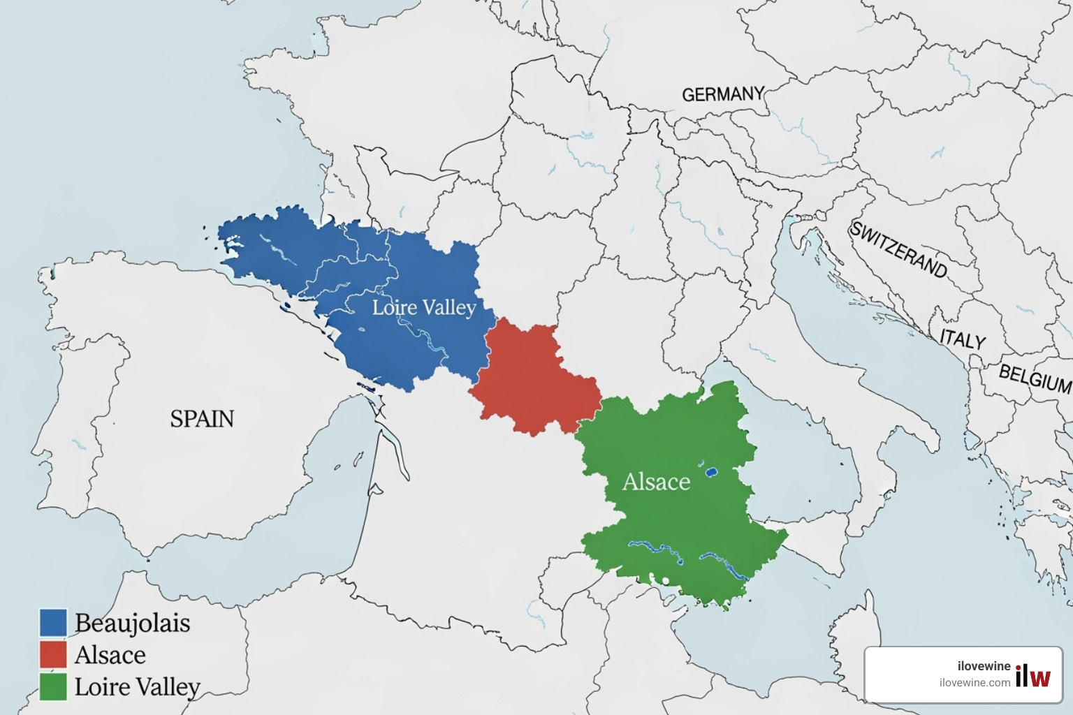 map of France highlighting Beaujolais, Alsace, and Loire Valley - croque monsieur wine pairing map of France highlighting Beaujolais, Alsace, and Loire Valley - croque monsieur wine pairing