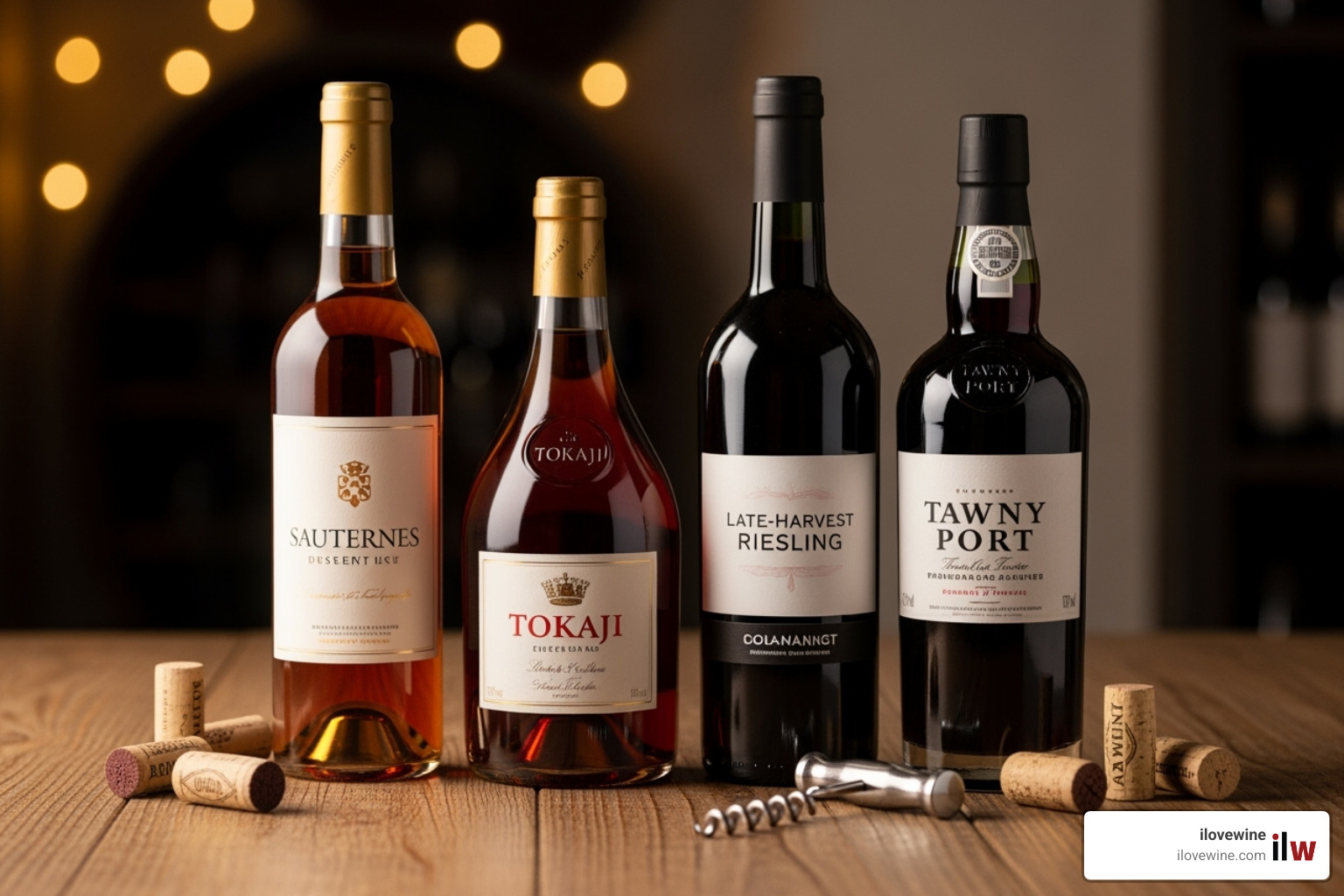 Four wine bottles: Sauternes, Tokaji, Late-Harvest Riesling, and Tawny Port - wine pairing for creme brulee