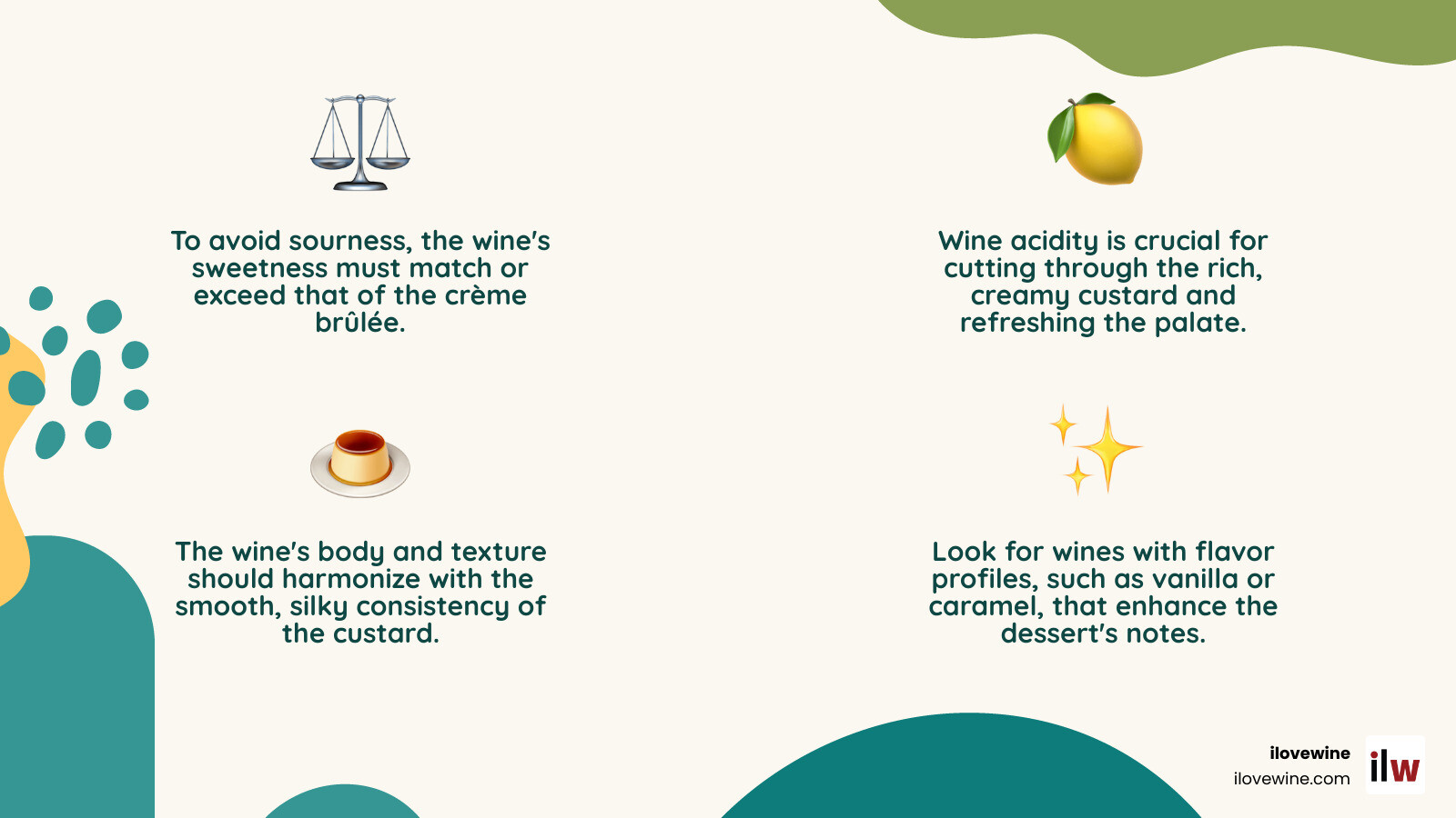 Infographic showing four pillars of successful creme brulee pairing: Sweetness Balance showing wine must match or exceed dessert sweetness, Acidity Factor displaying how wine acidity cuts through rich custard, Texture Harmony illustrating smooth wine complementing creamy dessert, and Flavor Synergy demonstrating vanilla and caramel notes in both wine and dessert - creme brulee pairing infographic 4_facts_emoji_nature