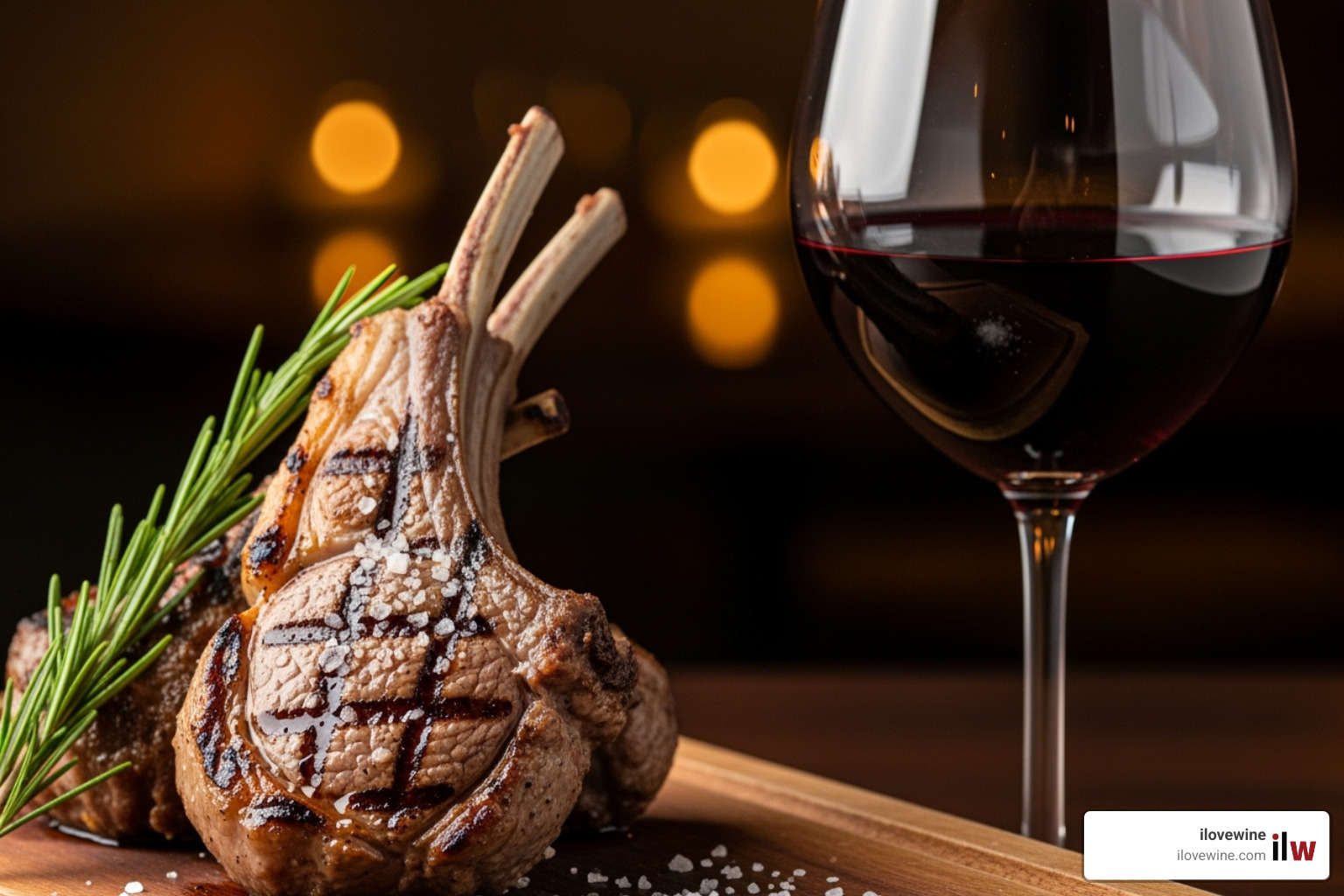 sizzling grilled lamb chop next to a glass of deep red Syrah - syrah with lamb