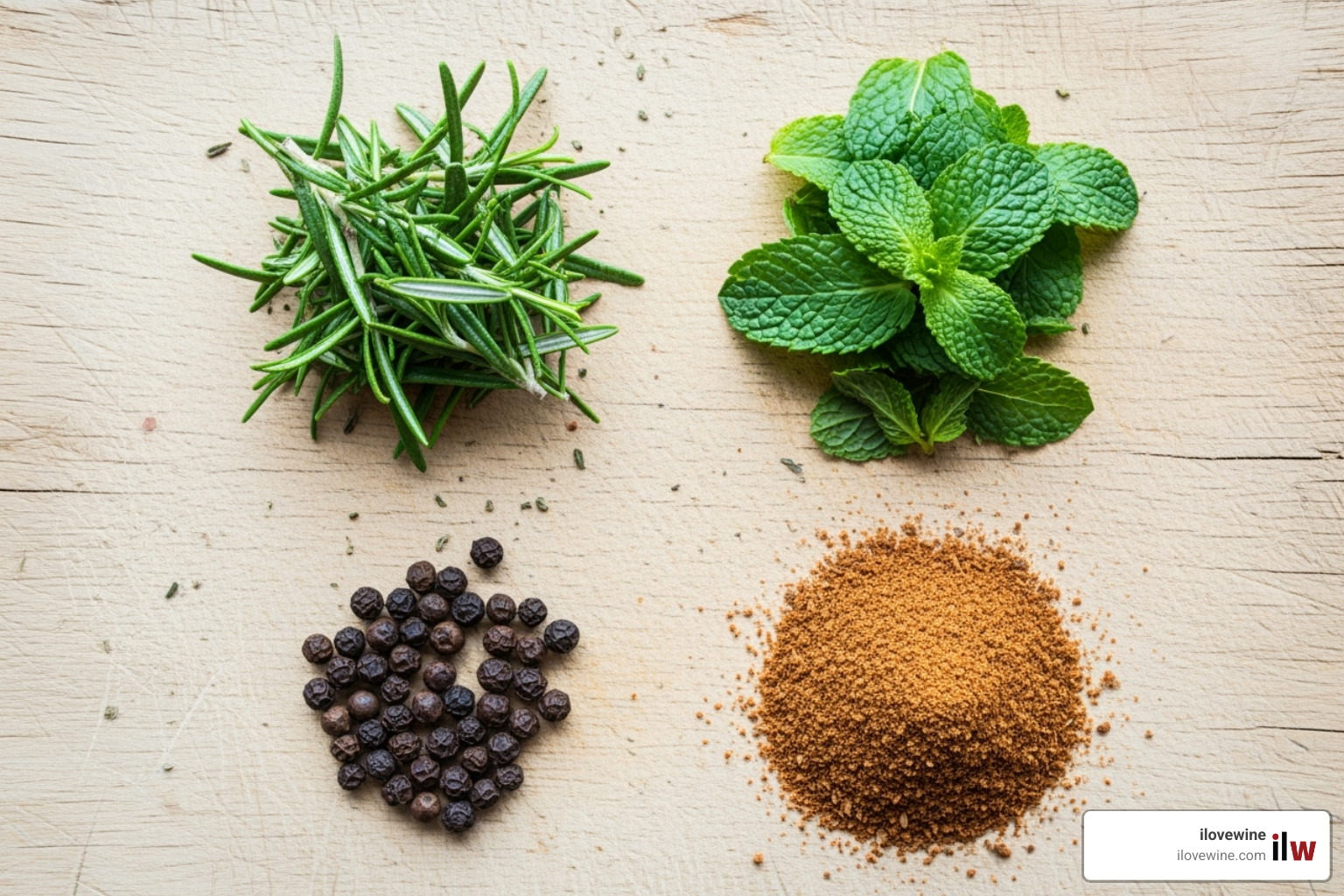 collection of herbs and spices like rosemary, mint, black peppercorns, and cumin on a wooden board - syrah with lamb