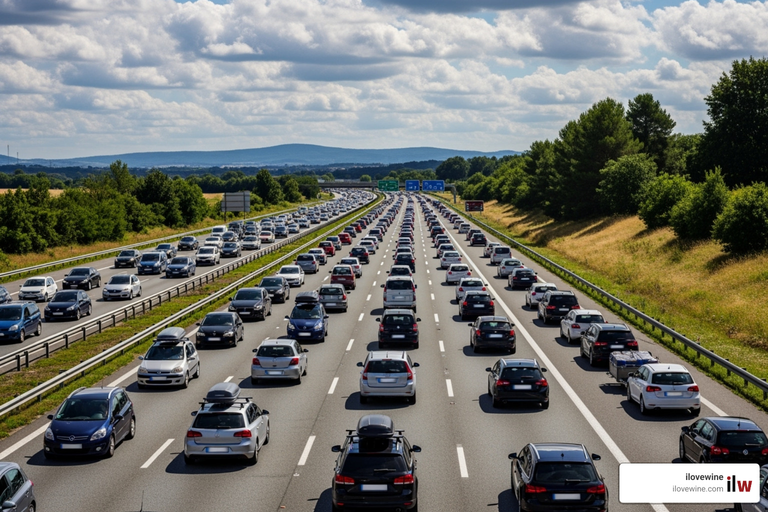 Busy French autoroute with holiday traffic - France summer holiday Busy French autoroute with holiday traffic - France summer holiday