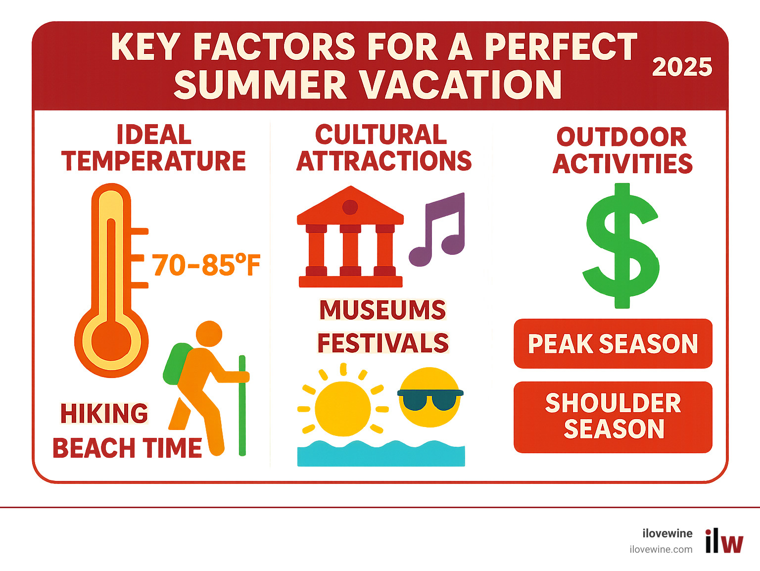 Infographic showing key factors for perfect summer vacation including ideal temperature ranges of 70-85°F, cultural attractions like museums and festivals, outdoor activities such as hiking and beach time, and cost considerations with peak vs shoulder season pricing - Top 5 Countries to visit in the summer infographic Infographic showing key factors for perfect summer vacation including ideal temperature ranges of 70-85°F, cultural attractions like museums and festivals, outdoor activities such as hiking and beach time, and cost considerations with peak vs shoulder season pricing - Top 5 Countries to visit in the summer infographic