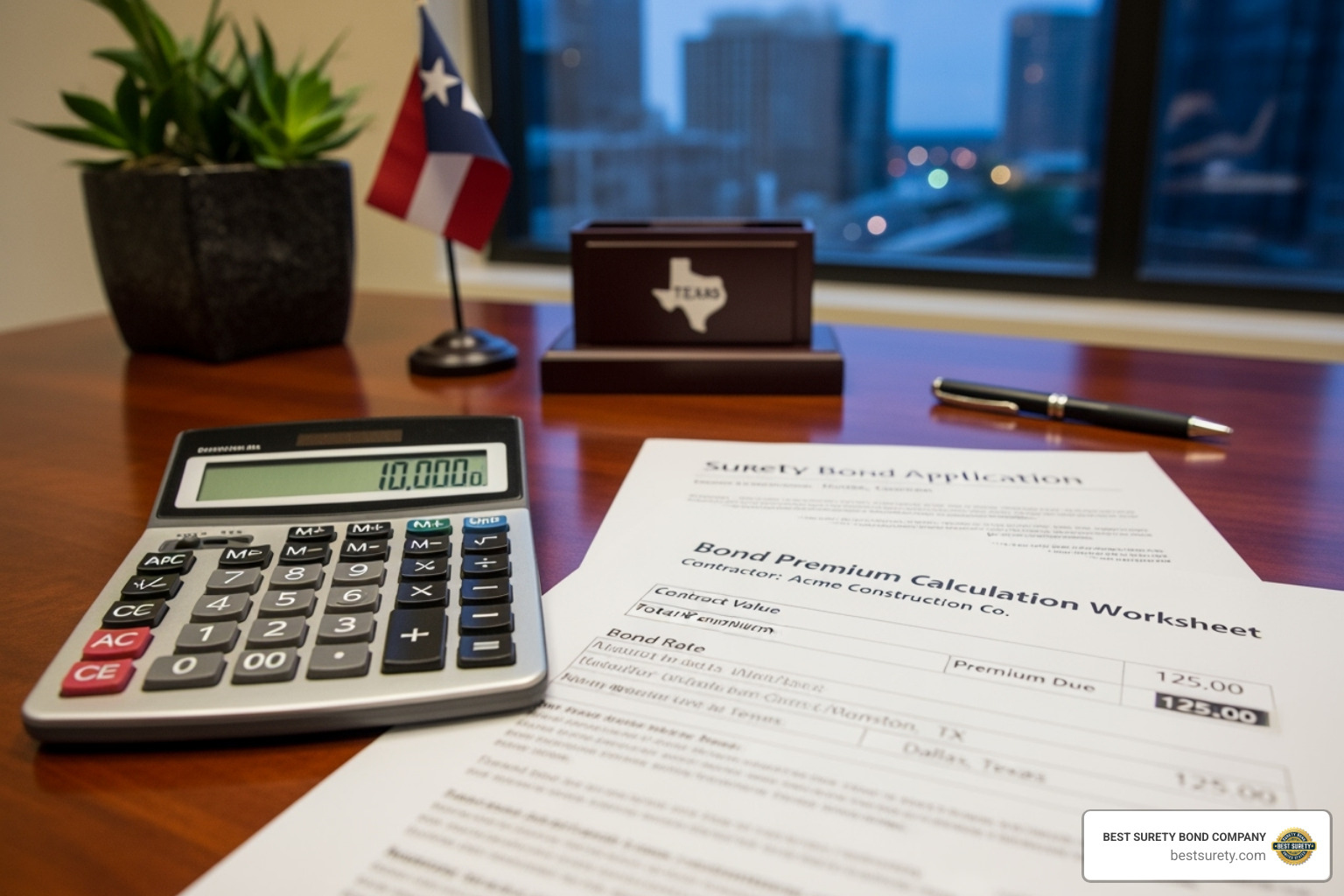 calculator showing a bond premium calculation for a Texas contractor - Cheapest surety bonds