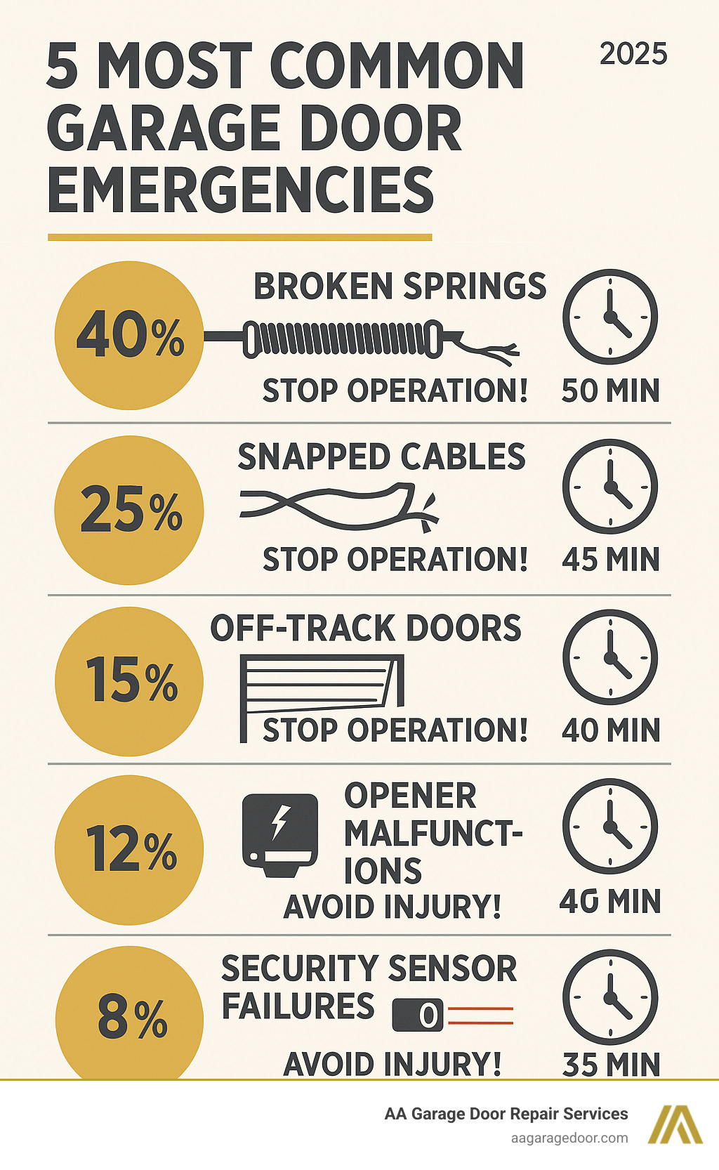 Infographic showing the 5 most common garage door emergencies: broken springs (40% of calls), snapped cables (25%), off-track doors (15%), opener malfunctions (12%), and security sensor failures (8%), with average response times and safety warnings for each - 24 hr garage door repair near me infographic  Infographic showing the 5 most common garage door emergencies: broken springs (40% of calls), snapped cables (25%), off-track doors (15%), opener malfunctions (12%), and security sensor failures (8%), with average response times and safety warnings for each - 24 hr garage door repair near me infographic