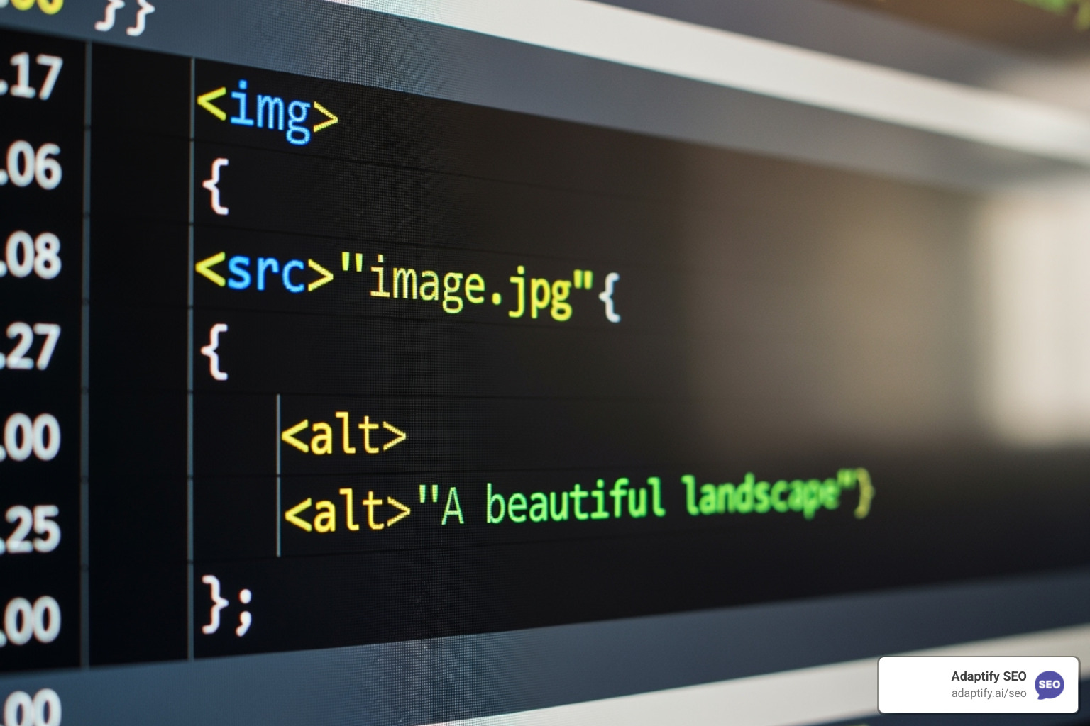 webpage's code showing an img tag with alt text and src attributes - Image SEO optimization