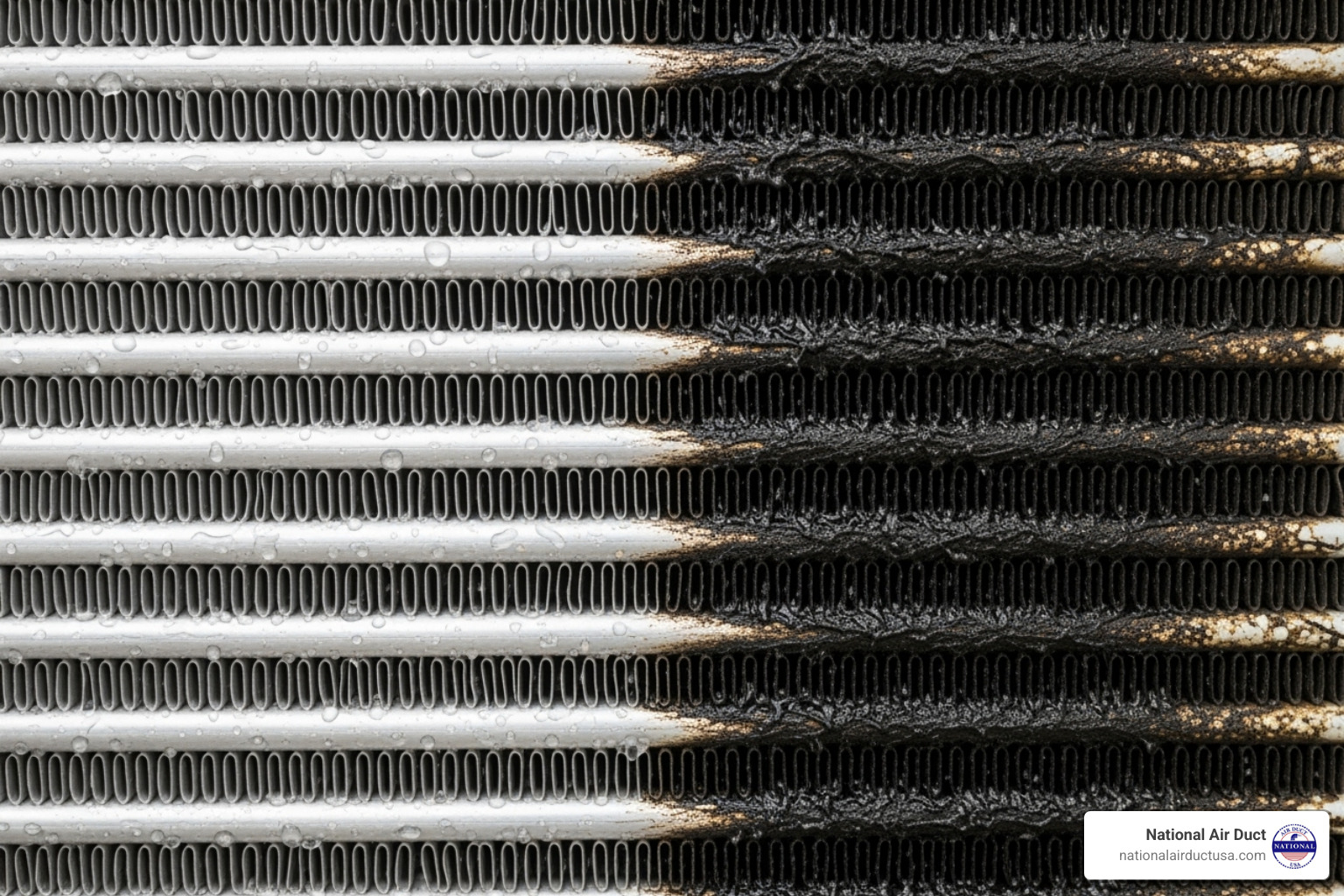 A clean HVAC coil next to a dirty, moldy one, illustrating the impact of microbial growth - germicidal UV light HVAC