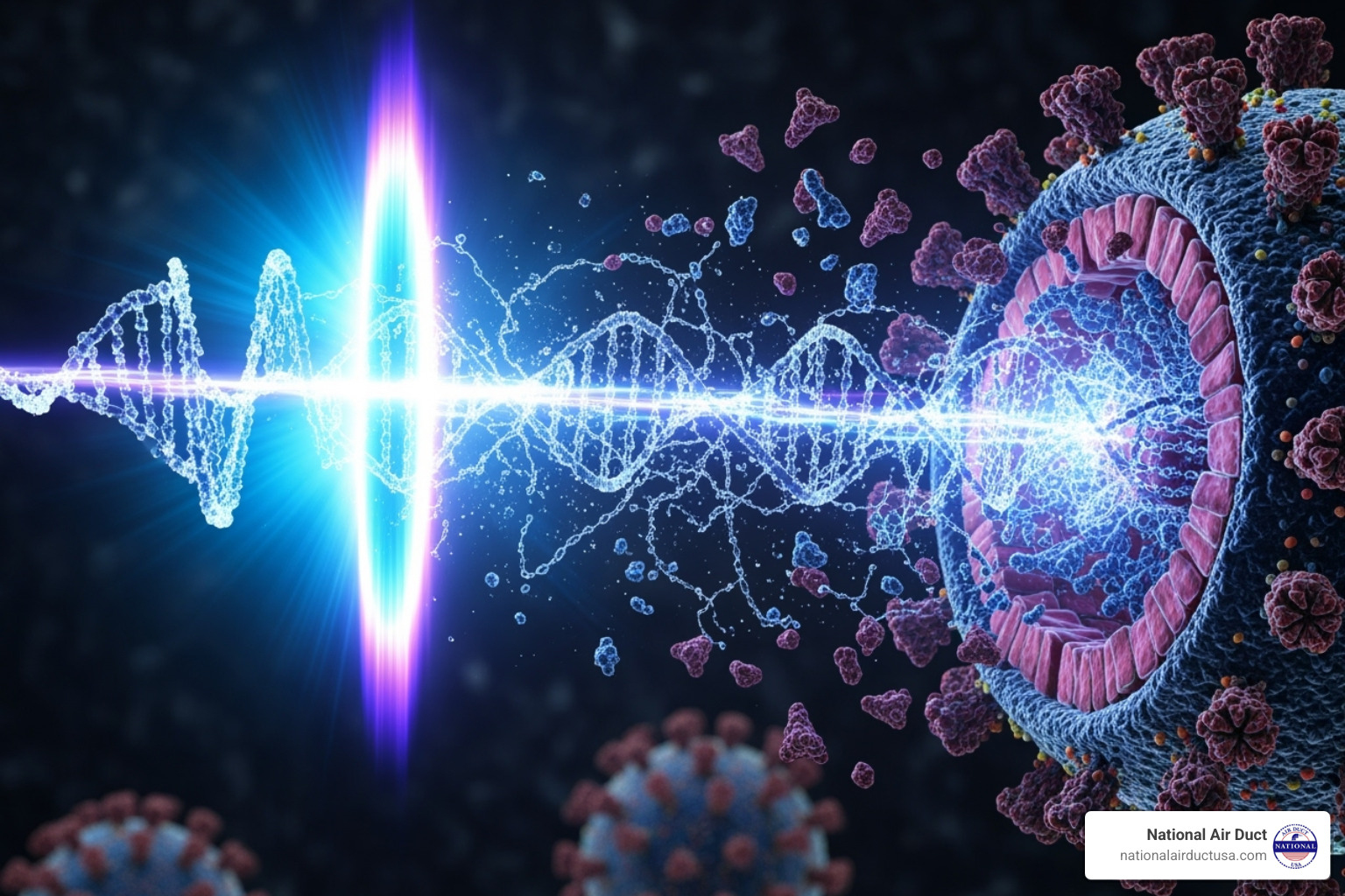 UV-C light wave disrupting a virus's DNA - germicidal UV light HVAC
