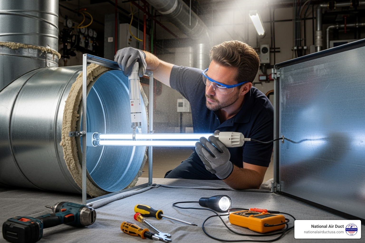 A technician safely installing a UV lamp with protective gear, highlighting safety protocols - germicidal UV light HVAC