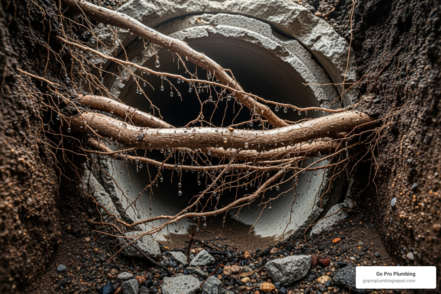 Image of tree roots growing inside a broken sewer pipe - sewage line clogged