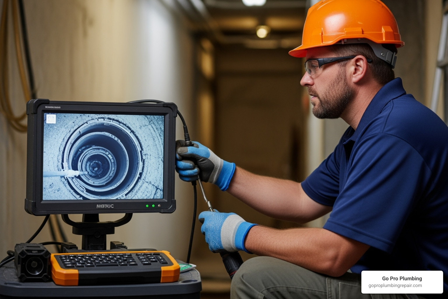 Image of a plumber performing a sewer camera inspection - sewage line clogged