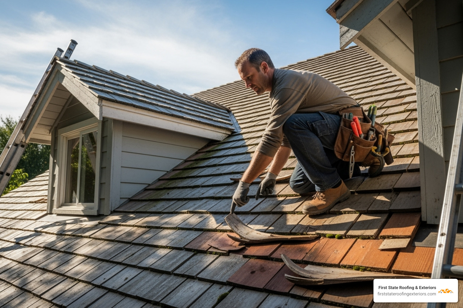 Certified roofing contractor inspecting a roof - cedar shake roof installation near me