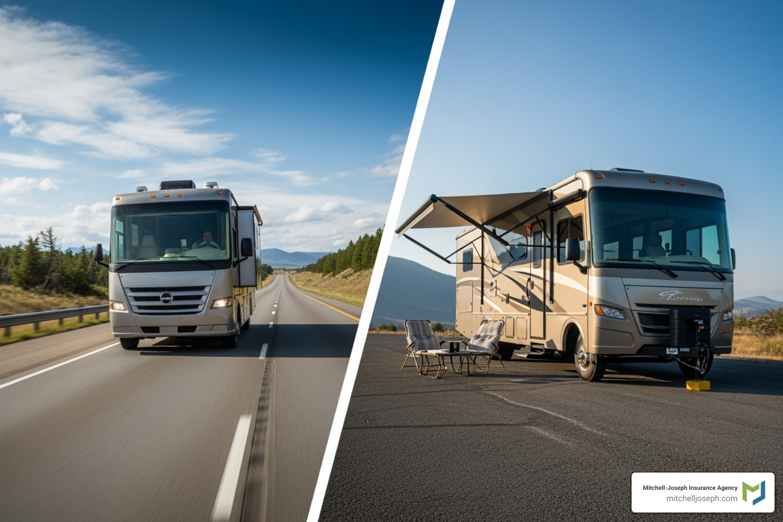 RV driving on a scenic highway, transitioning to it being parked at a campsite - vacation liability coverage