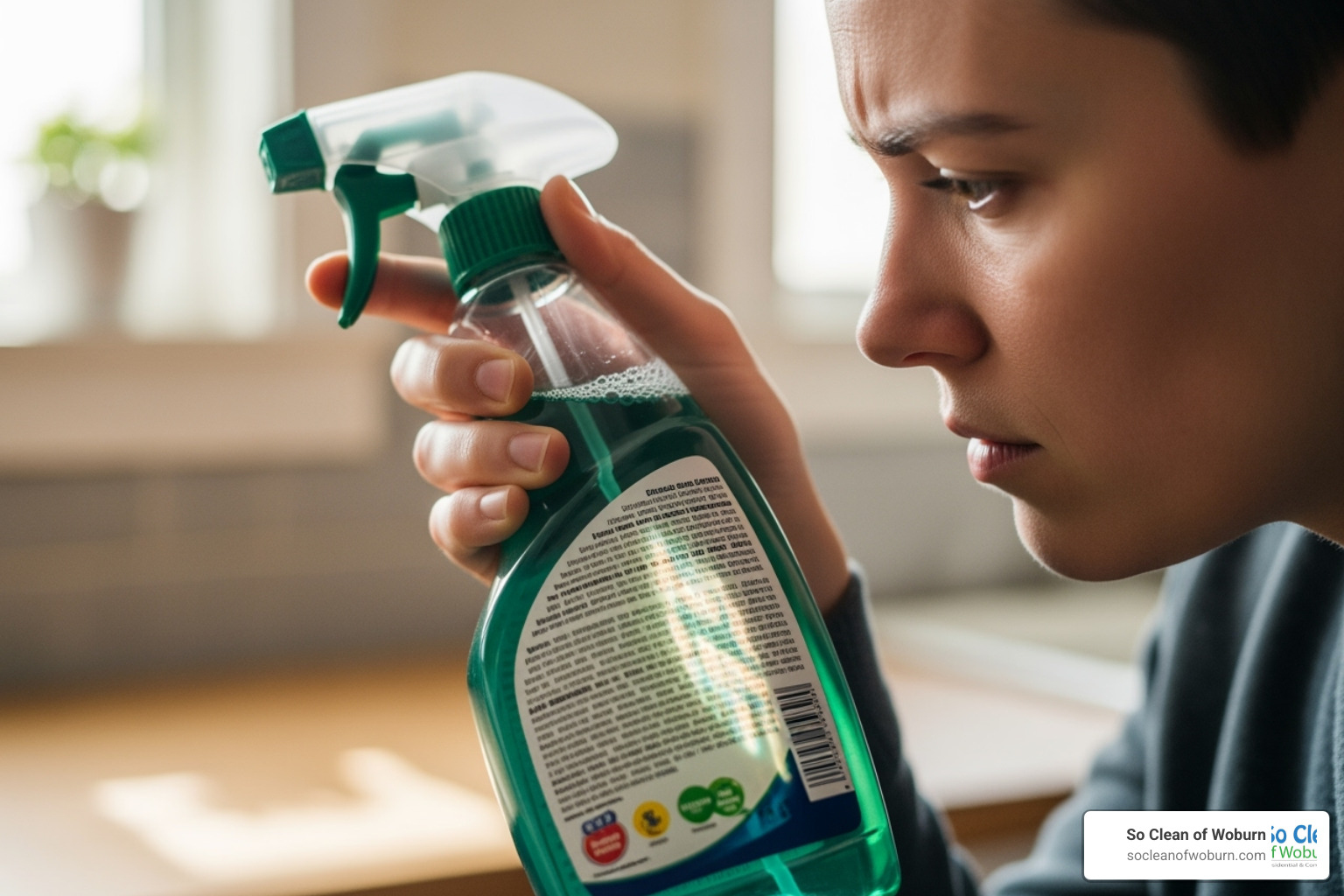 person reading the label on a cleaning bottle - plant based antibacterial cleaner