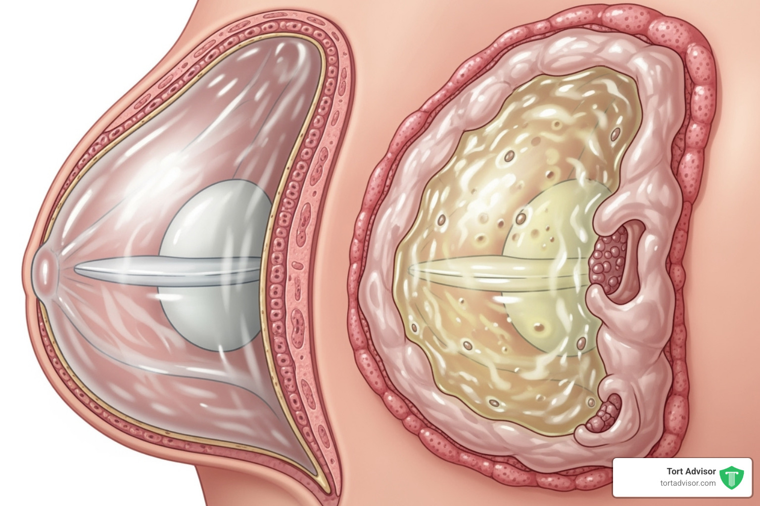 illustrating the difference between a healthy breast implant and one with BIA-ALCL fluid collection - breast implant class action lawsuit