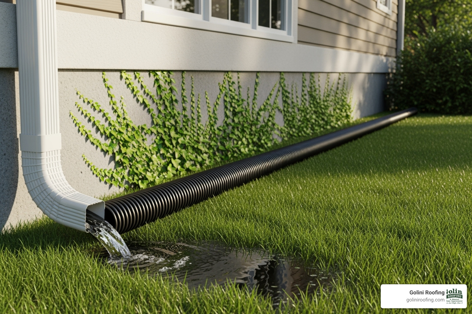 downspout extension carrying water away from a home's foundation - a rain gutter downspout extension carrying water away from a home's foundation - a rain gutter
