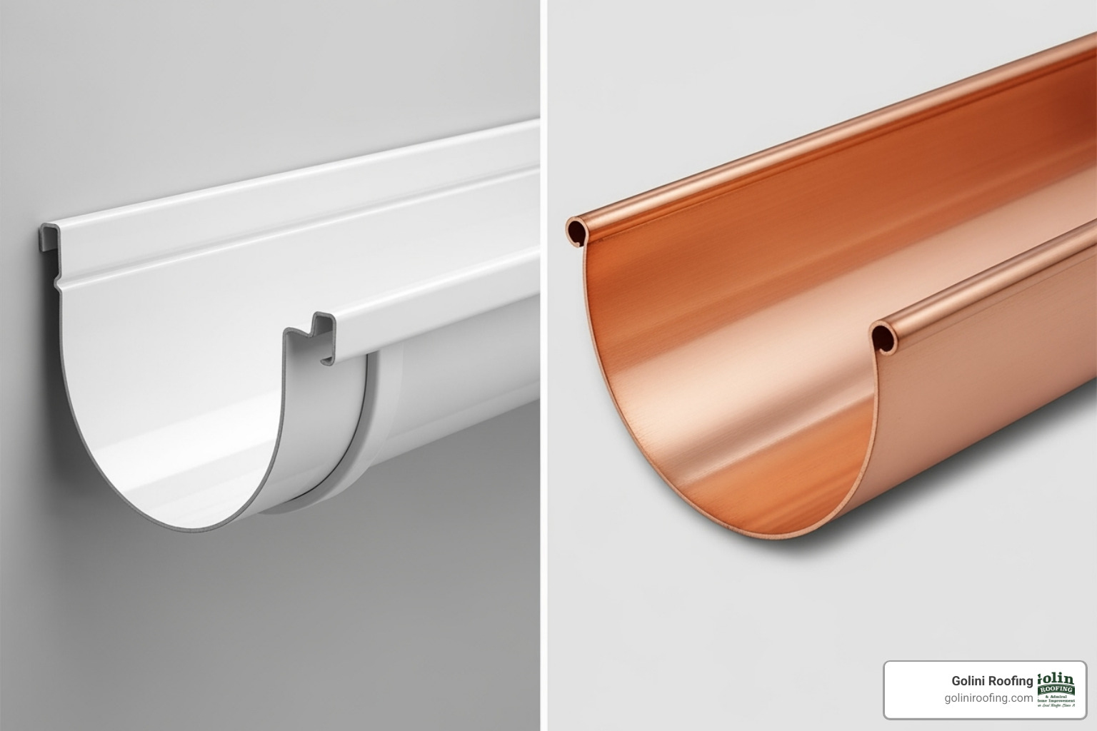 side-by-side comparison of K-style and half-round gutters - a rain gutter side-by-side comparison of K-style and half-round gutters - a rain gutter