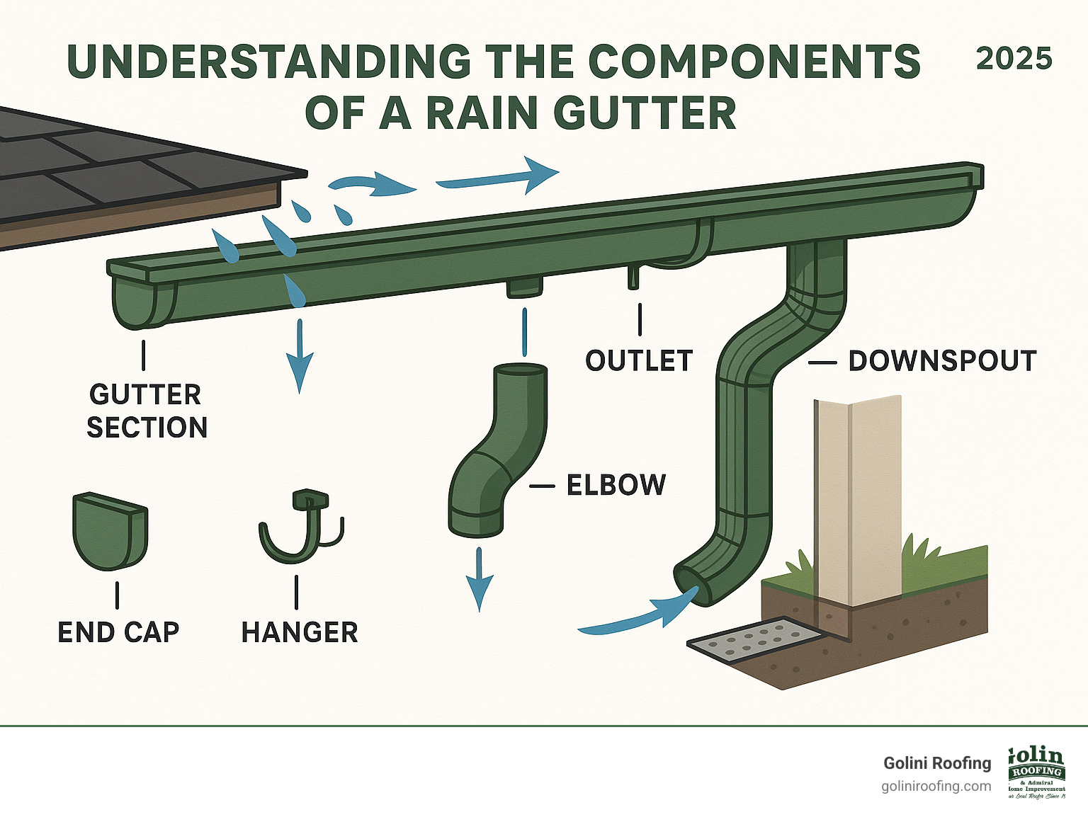 Comprehensive infographic showing rain gutter system components including gutter sections, downspouts, hangers, end caps, outlets, and elbows, with arrows indicating water flow from roof to foundation drainage - a rain gutter infographic 