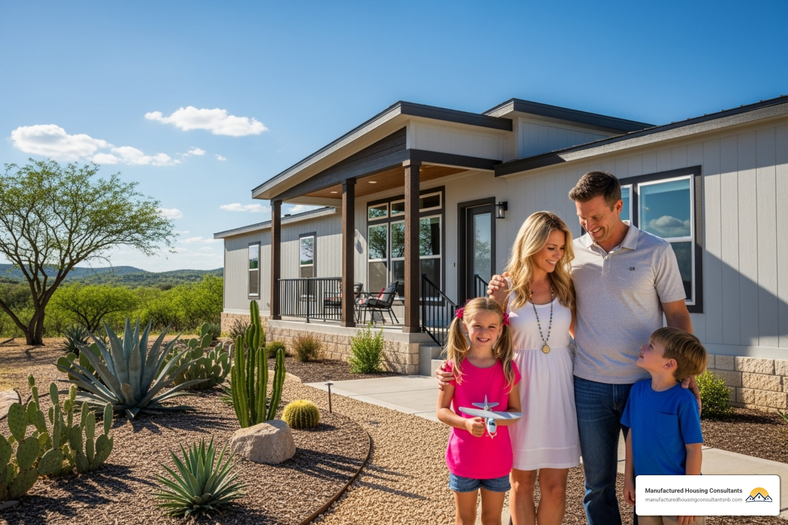 A happy family standing in front of their new manufactured home under a clear blue sky - repo mobile homes souyh mississippi