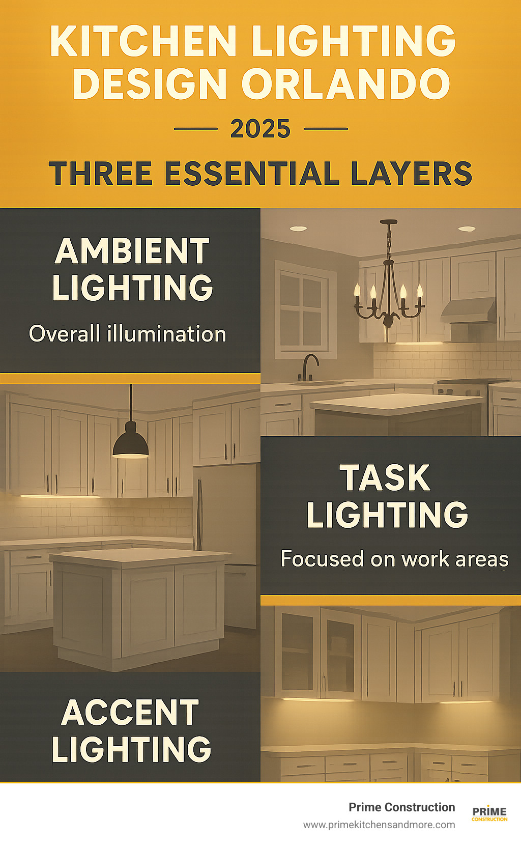 Comprehensive infographic showing the three essential layers of kitchen lighting design: Ambient lighting provides overall room illumination through recessed lights and chandeliers, Task lighting focuses on work areas with under-cabinet strips and pendant lights over islands, and Accent lighting adds drama through toe-kick lights and cabinet displays - specifically designed for Orlando kitchen layouts - kitchen lighting design Orlando infographic 