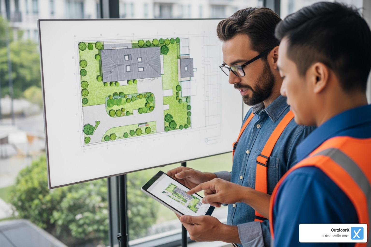 property manager and a landscaper reviewing plans on a tablet - apartment landscaping services