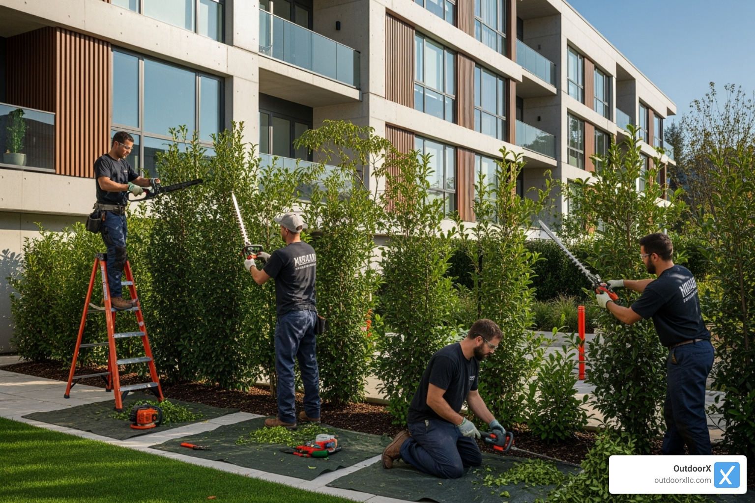 landscaping crew professionally pruning shrubs at an apartment complex - apartment landscaping services