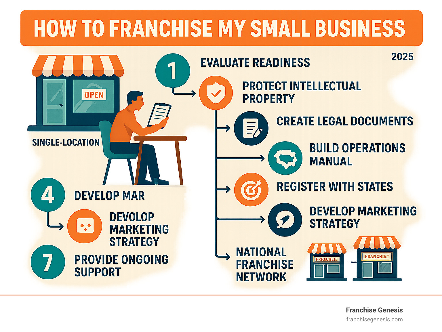 Infographic showing the complete franchise development process from single location business owner evaluating readiness through legal documentation, system development, franchisee recruitment, and ongoing support to create a national franchise network - how to franchise my small business infographic 