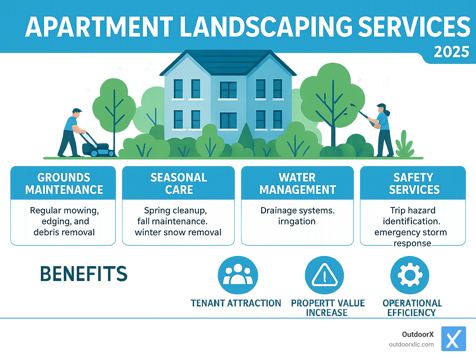 Comprehensive breakdown of apartment landscaping services including grounds maintenance, seasonal care, water management, and safety services with their specific benefits for tenant attraction, property value increase, and operational efficiency - apartment landscaping services infographic 