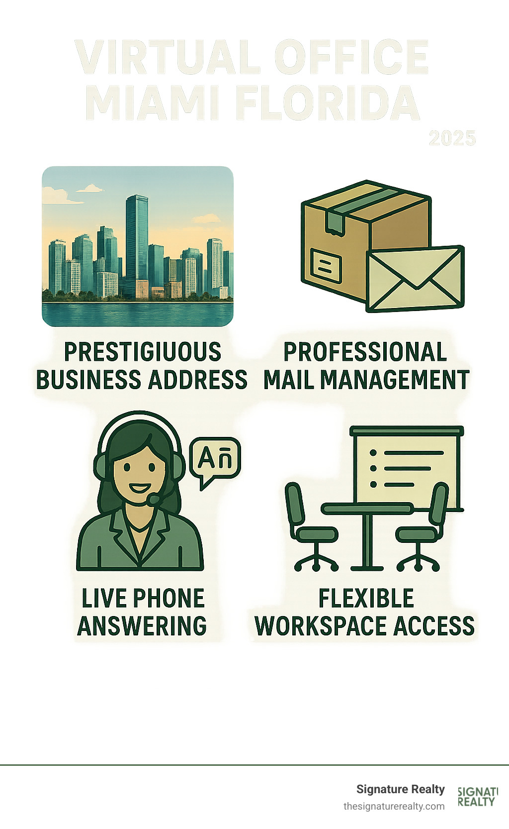 Comprehensive infographic showing the four core pillars of Miami virtual office services: a prestigious business address with Miami skyline backdrop, professional mail management with packages and envelopes, live phone answering with bilingual receptionist, and flexible on-demand workspace access with meeting rooms and coworking areas - virtual office miami florida infographic Comprehensive infographic showing the four core pillars of Miami virtual office services: a prestigious business address with Miami skyline backdrop, professional mail management with packages and envelopes, live phone answering with bilingual receptionist, and flexible on-demand workspace access with meeting rooms and coworking areas - virtual office miami florida infographic