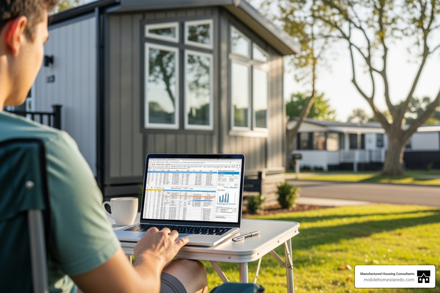 person reviewing a budget spreadsheet with a mobile home in the background - how to buy a brand new mobile home person reviewing a budget spreadsheet with a mobile home in the background - how to buy a brand new mobile home