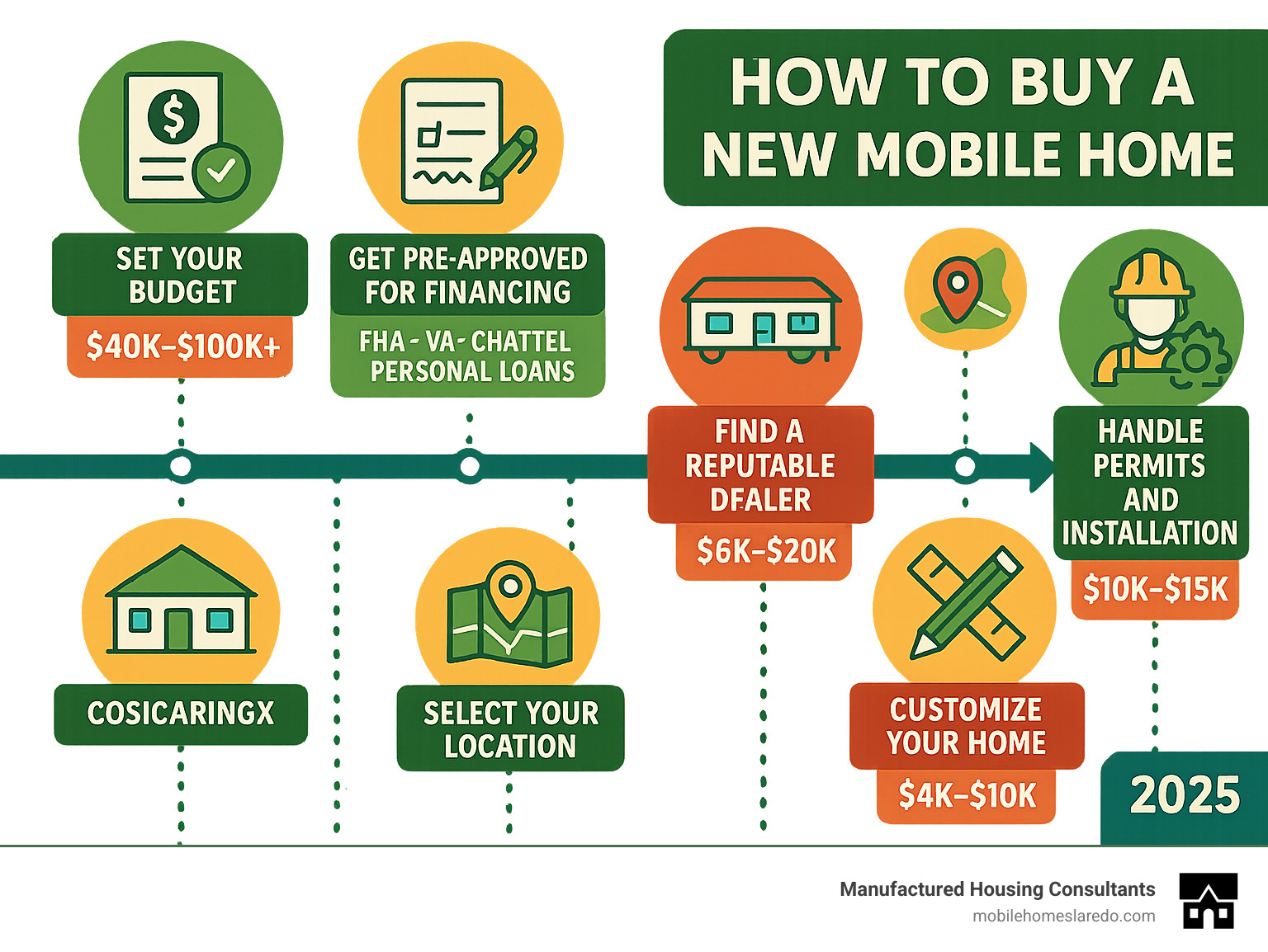 Detailed infographic comparing the step-by-step mobile home buying process, showing timeline from budget planning through installation, with cost breakdowns for each stage and financing options available - how to buy a brand new mobile home infographic  Detailed infographic comparing the step-by-step mobile home buying process, showing timeline from budget planning through installation, with cost breakdowns for each stage and financing options available - how to buy a brand new mobile home infographic