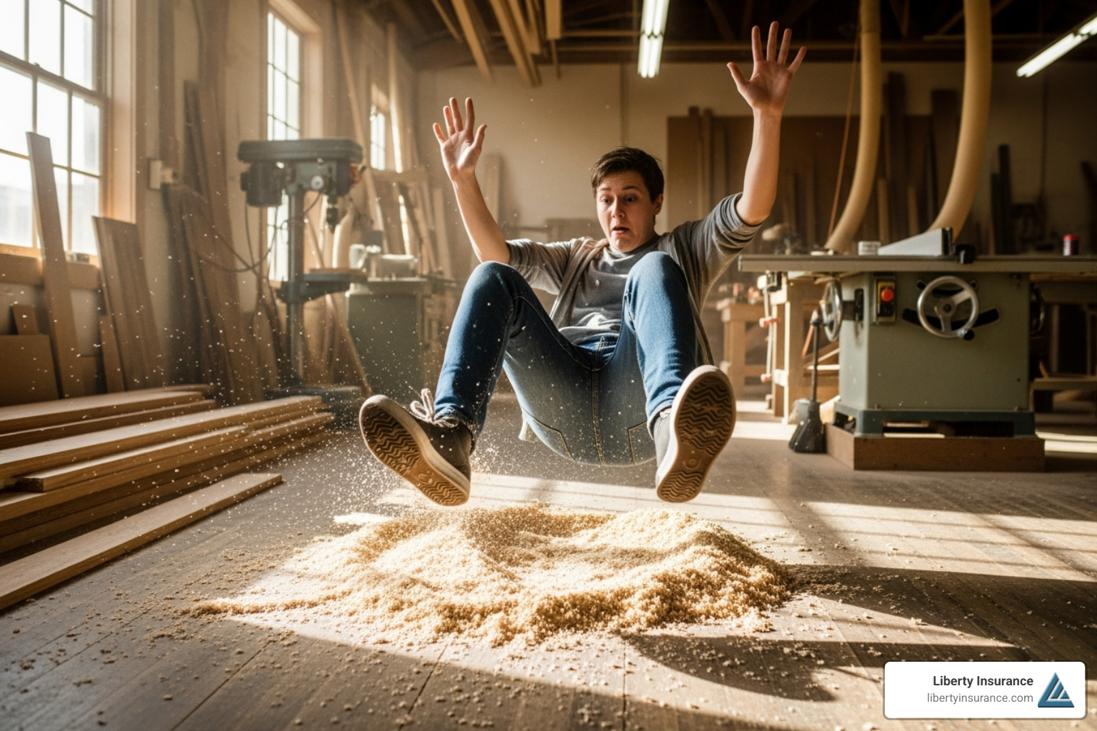 customer slipping on sawdust in a workshop - insurance for cabinet makers customer slipping on sawdust in a workshop - insurance for cabinet makers