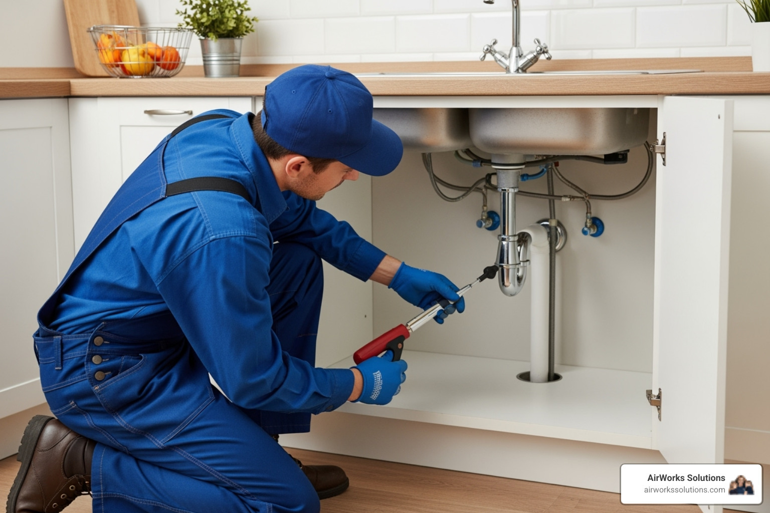 a plumber fixing a leak under a kitchen sink - plumbing roseville