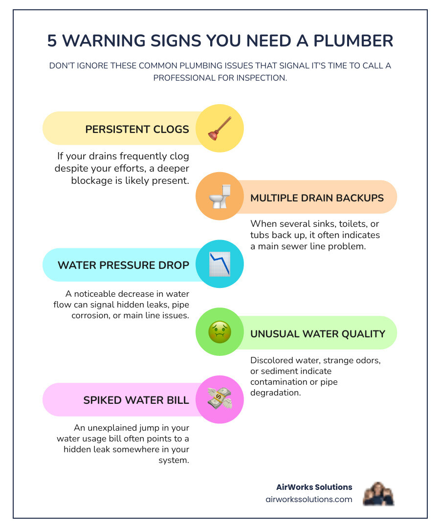 Infographic showing the top 5 warning signs that indicate you need to call a professional plumber immediately, including persistent clogs, multiple drain backups, water pressure drops, unusual water colors or odors, and unexplained increases in water bills - plumbing roseville infographic infographic-line-5-steps-colors