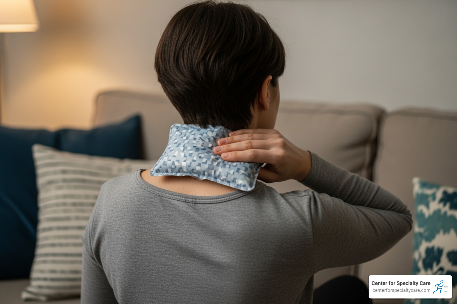 person applying heat pack to neck - knots on the back of neck