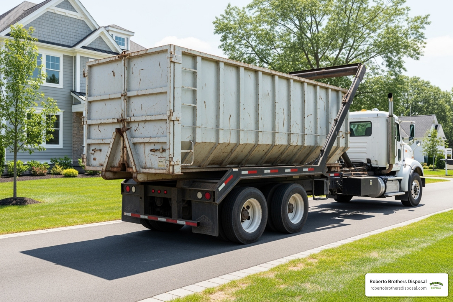 Clean, finished project area with a dumpster being hauled away - average cost of 10 yard dumpster