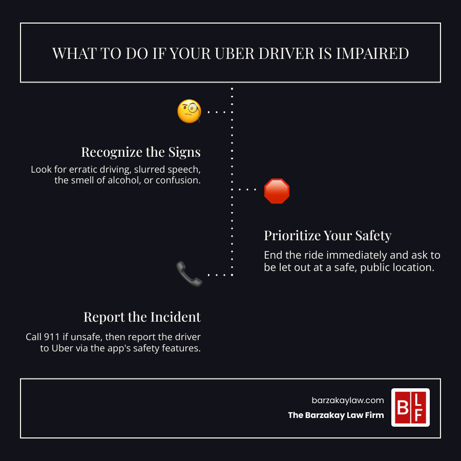 Infographic showing drunk driving statistics in the US, Uber's zero-tolerance policy details, passenger safety steps, and legal consequences for impaired drivers including DUI charges, prison sentences, and platform deactivation - uber drunk driver infographic infographic-line-3-steps-dark