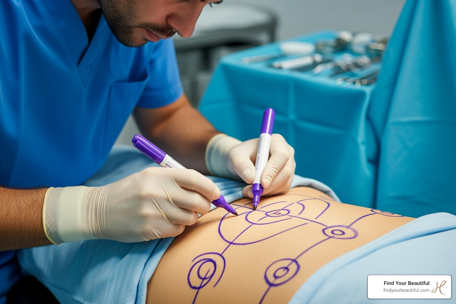 A surgeon marking the abdominal area for liposuction, highlighting the precision and planning involved in the procedure. - stomach liposuction