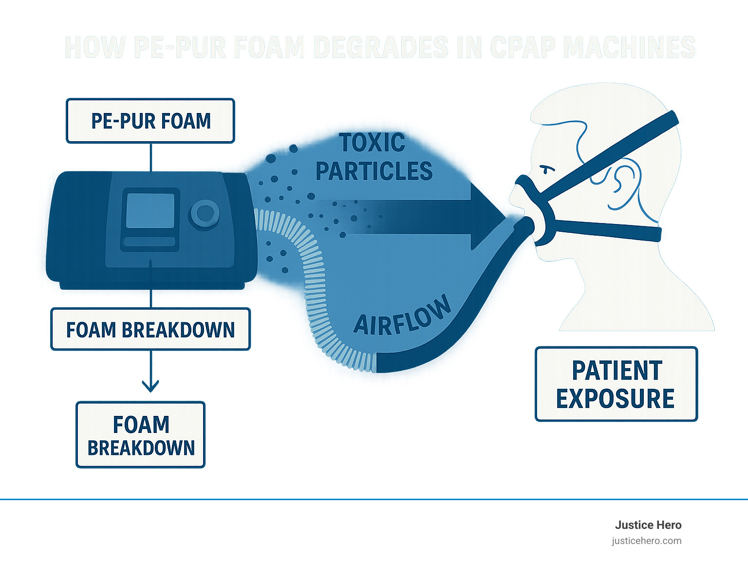 Detailed infographic showing how PE-PUR foam degrades in CPAP machines, releasing toxic particles into the airflow that users inhale, with arrows indicating the pathway from foam breakdown to patient exposure - who qualifies for cpap lawsuit infographic Detailed infographic showing how PE-PUR foam degrades in CPAP machines, releasing toxic particles into the airflow that users inhale, with arrows indicating the pathway from foam breakdown to patient exposure - who qualifies for cpap lawsuit infographic