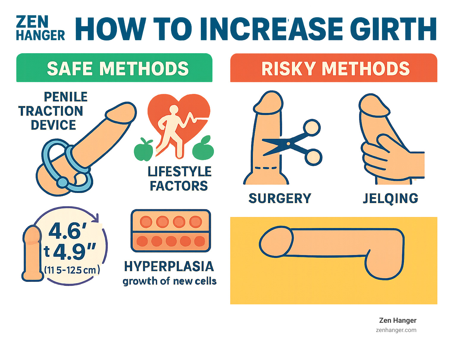 Comprehensive infographic showing safe vs risky girth improvement methods, including penile traction devices, lifestyle factors, and methods to avoid like surgery and jelqing, with average girth statistics and hyperplasia explanation - How to increase girth infographic 